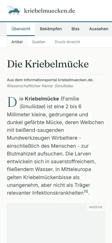 Startseite kriebelmuecken.de auf dem Smartphone