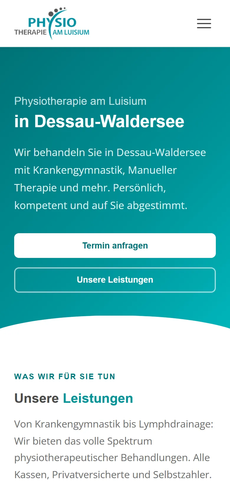 Startseite physiotherapie-am-luisium.de auf dem Smartphone