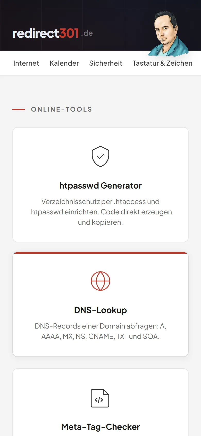 Startseite redirect301.de auf dem Smartphone