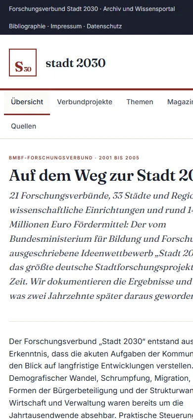 Startseite stadt2030.de auf dem Smartphone